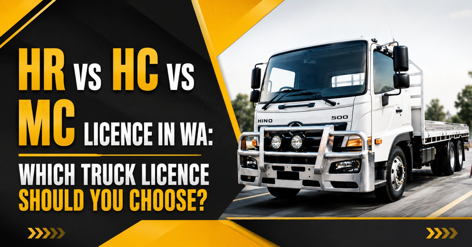 Truck driving instructor explaining HR, HC and MC licence options beside a heavy vehicle in Perth WA