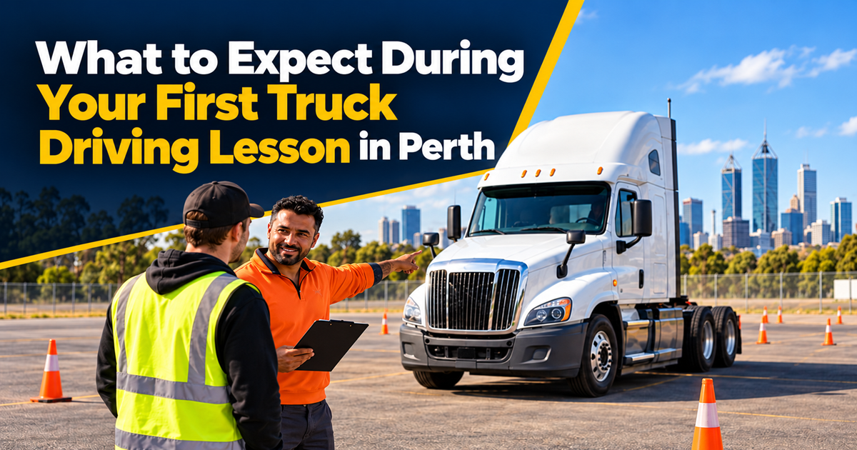 Truck driving instructor briefing a learner beside a training truck at a driving practice area.